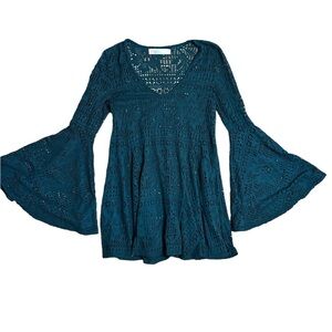 Free People Beach Teal Goldie Crochet Lace Bell Sleeve Swing Dress Size Small